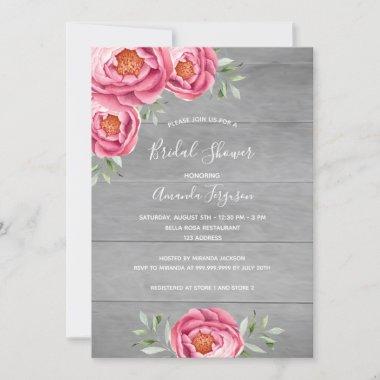 Rustic gray wooden wall pink florals Bridal Shower Invitations