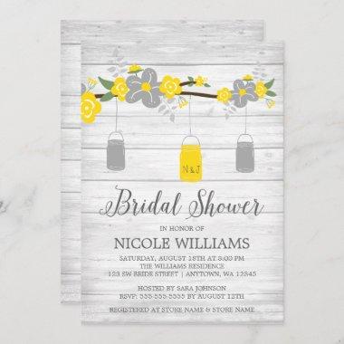 Rustic Gray Yellow Mason Jar Branch Bridal Shower Invitations