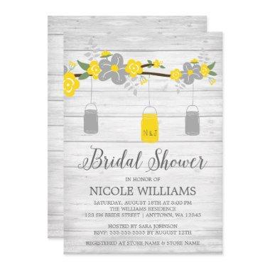 Rustic Gray Yellow Mason Jar Branch Bridal Shower Invitations