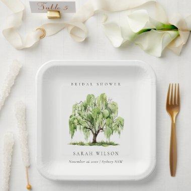 Rustic Green Watercolor Willow Tree Bridal Shower Paper Plates