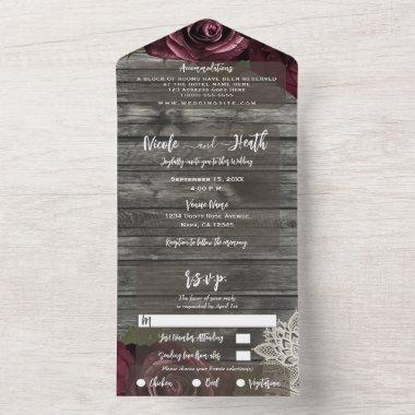 Rustic Grey Burgundy Roses White Lace Wedding All All In One Invitations