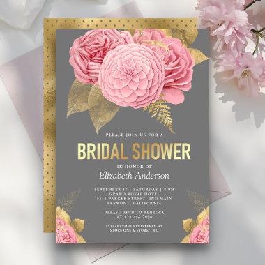 Rustic Grey Gold Dusty Pink Floral Bridal Shower Invitations