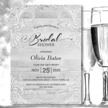 Rustic Grey Wood Lace Bridal Shower Invitations