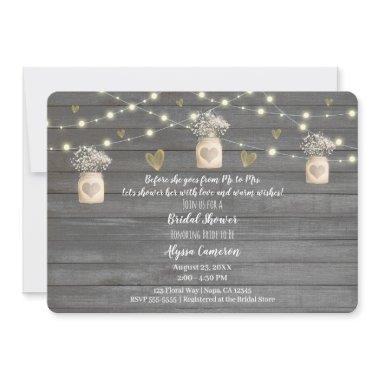 Rustic Grey Wood Lights & Mason Jar Bridal Shower Invitations