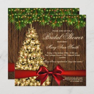 Rustic Holiday Bridal Shower Tree & Red Ribbon Invitations