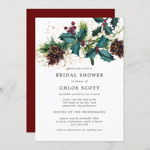 Rustic Holly and Berries Botanical Bridal Shower Invitations
