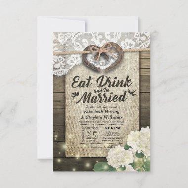 Rustic Horseshoe Lace EAT Drink Be Married Wedding Invitations