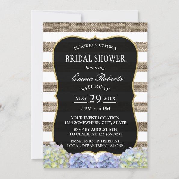 Rustic Hydrangea Burlap Stripes Bridal Shower Invitations