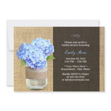 Rustic Hydrangea & Mason Jar Burlap Bridal Shower Invitations