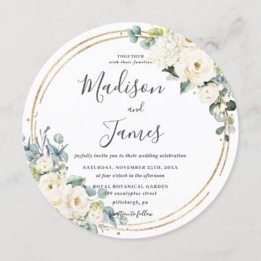 Rustic Ivory Floral Eucalyptus Wedding Gold Circle Invitations