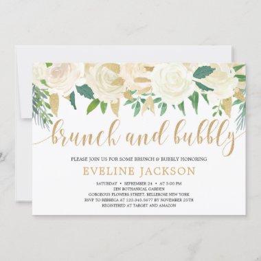 Rustic ivory floral gold glitter brunch and bubbly Invitations