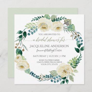 Rustic Ivory Rose Boho Wreath Mint Bridal Shower Invitations
