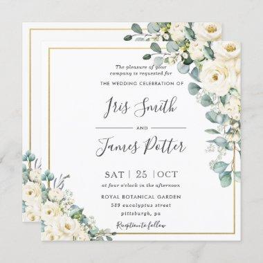 Rustic Ivory White Floral Eucalyptus Gold Wedding Invitations
