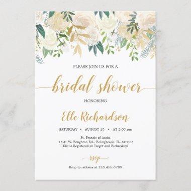 Rustic Ivory white floral gold greenery bridal Invitations