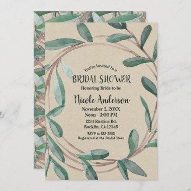 Rustic Kraft Botanical Wreath Leaf Bridal Shower Invitations