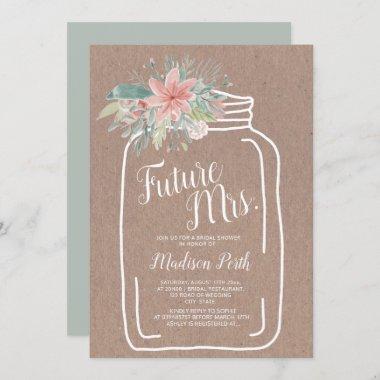 Rustic kraft floral mason jar script bridal shower Invitations