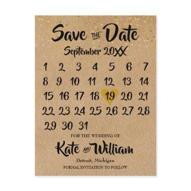 Rustic Kraft Gold Heart Calendar Save the Date Announcement Post