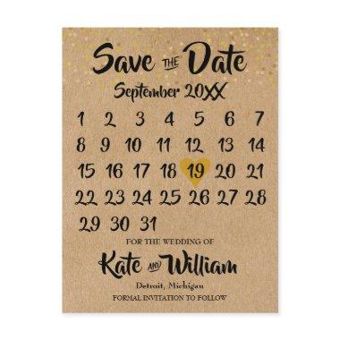 Rustic Kraft Gold Heart Calendar Save the Date Announcement PostInvitations