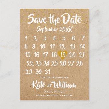Rustic Kraft Gold Heart Calendar Save the Date Announcement PostInvitations