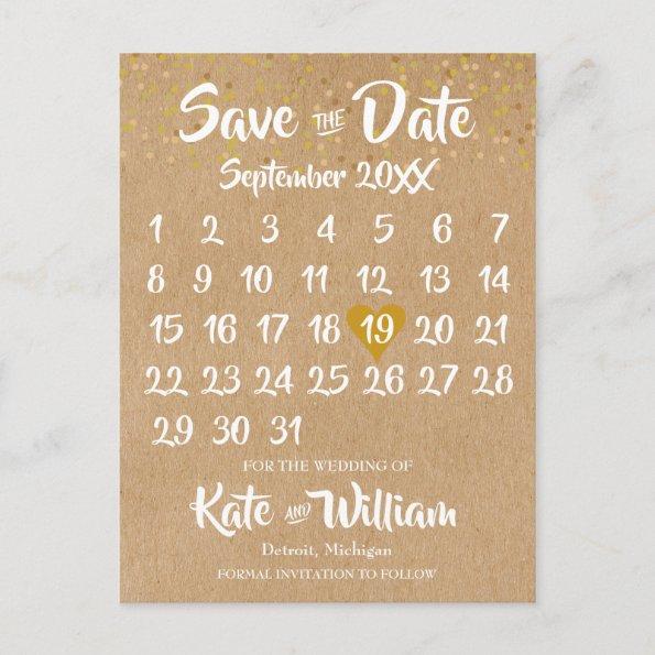 Rustic Kraft Gold Heart Calendar Save the Date Announcement PostInvitations