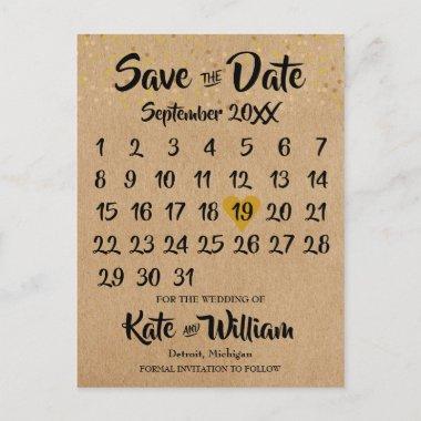 Rustic Kraft Gold Heart Calendar Save the Date PostInvitations