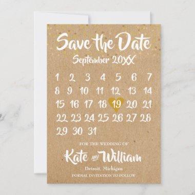 Rustic Kraft Love Heart Calendar Save the Date