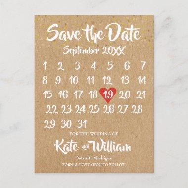 Rustic Kraft Love Heart Calendar Save the Date Announcement PostInvitations