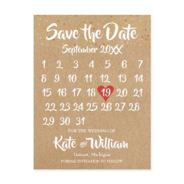 Rustic Kraft Love Heart Calendar Save the Date Announcement PostInvitations