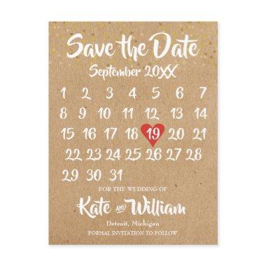 Rustic Kraft Love Heart Calendar Save the Date Announcement PostInvitations