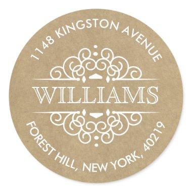 Rustic Kraft Ornate Swirls Custom Return Address Classic Round Sticker