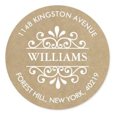 Rustic Kraft Ornate Swirls Custom Return Address Classic Round Sticker