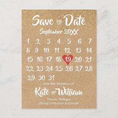 Rustic Kraft Red Heart Calendar Save the Date Announcement PostInvitations