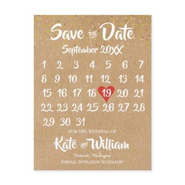 Rustic Kraft Red Heart Calendar Save the Date Announcement Post