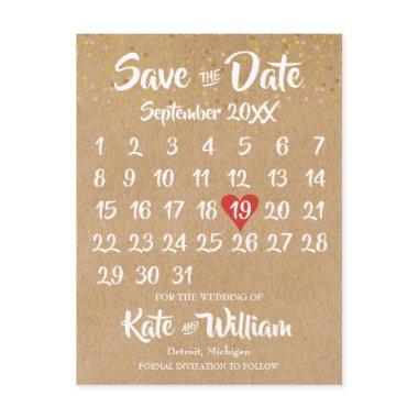 Rustic Kraft Red Heart Calendar Save the Date Announcement PostInvitations