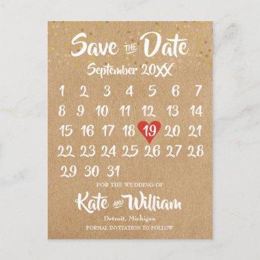 Rustic Kraft Red Heart Calendar Save the Date PostInvitations