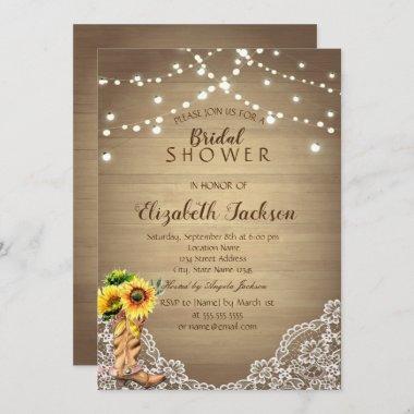 Rustic,Lace,Booots Sunflower Wood Bridal Shower Invitations