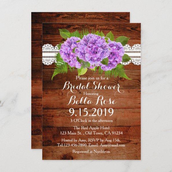 Rustic Lace Purple Hydrangea Bridal Shower Invites