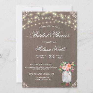 Rustic Lace String Lights Mason Jar Bridal Shower Invitations