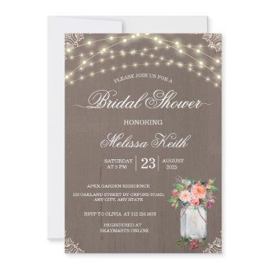 Rustic Lace String Lights Mason Jar Bridal Shower Invitations