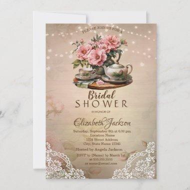 Rustic Lace String Lights Tea Set Bridal Shower Invitations