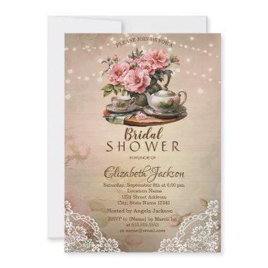 Rustic Lace String Lights Tea Set Bridal Shower Invitations