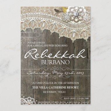 Rustic Lace Wood Bridal Shower Invitations