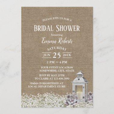 Rustic Lantern Country Floral Burlap Bridal Shower Invitations