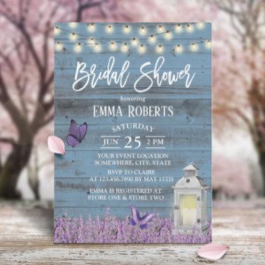 Rustic Lantern Lavender Flowers Blue Bridal Shower Invitations