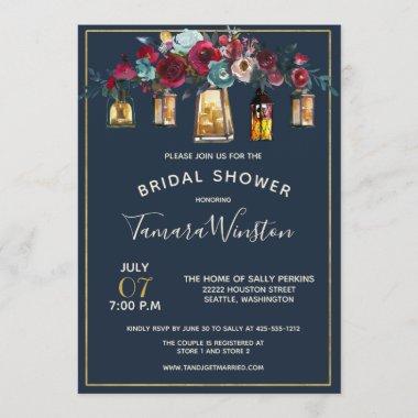 Rustic Lanterns Burgundy Navy Floral Bridal Shower Invitations