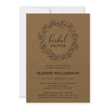 Rustic Laurel Wreath Kraft Bridal Shower Invitations