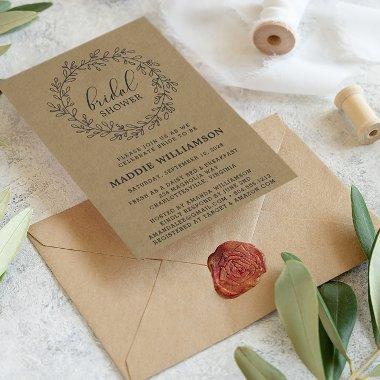 Rustic Laurel Wreath Kraft Bridal Shower Invite