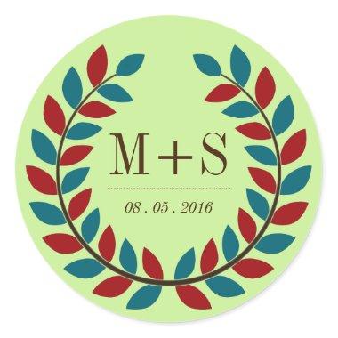 Rustic Laurel Wreath Wedding Sticker Red and Teal