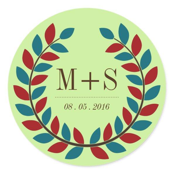 Rustic Laurel Wreath Wedding Sticker Red and Teal