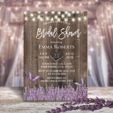Rustic Lavender Floral Dark Wood Bridal Shower Invitations